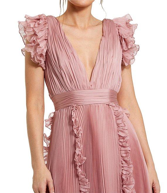 Mac Duggal Pleated Chiffon Deep V-Neck Flutter Sleeve Ruffle Midi Dress Product Image