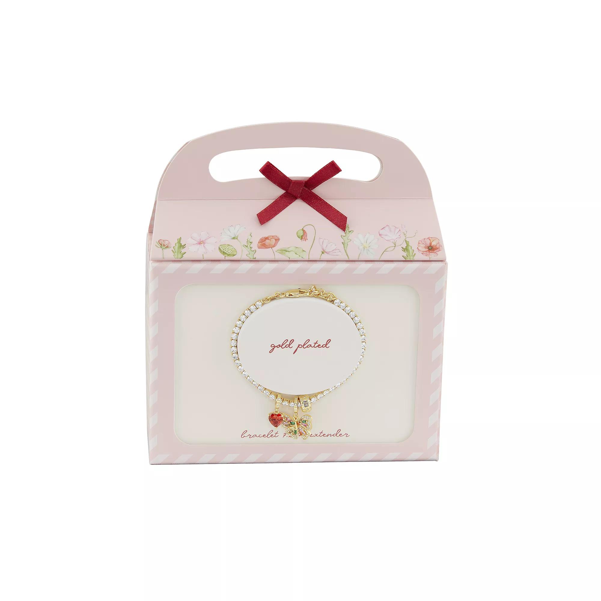 Brilliance 18k Gold Flash Plated Garnet Cubic Zirconia Heart Charm & Multi-Color Cubic Zirconia Butterfly Charm Tennis Bracelet, Women's, Size: 8.5", Gold Tone Product Image