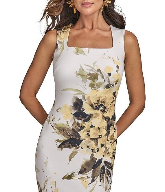 Donna Karan Sleeveless Square Neck Floral Scuba Sheath Dress Product Image