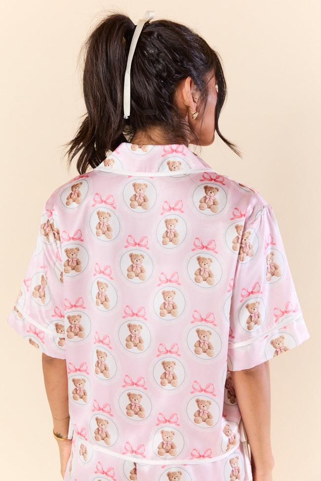 Snuggled Up Teddy Bear Printed Contrast Tie Detail Satin Short Sleeve Pajama Top FINAL SALE Girls Product Image