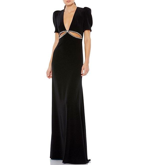 Mac Duggal Plunging V-Neck Short Puffed Sleeve Cut-Out Gown Product Image