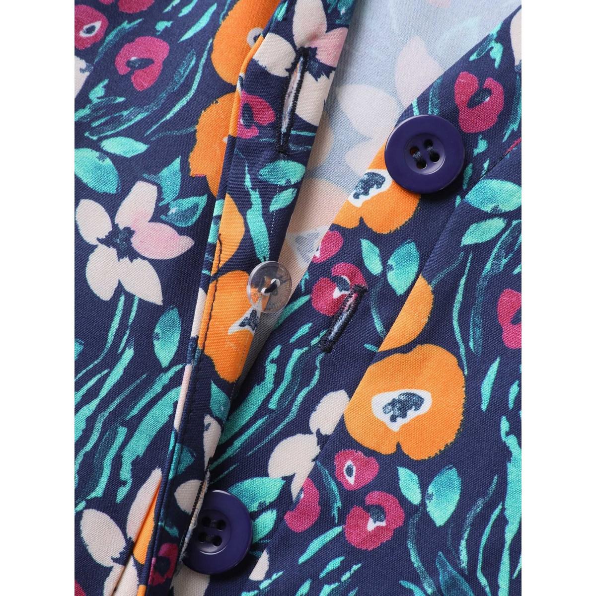 Plus Size DarkBlue Abstract Floral Print Button Jumpsuit Women Short sleeve Notched collar Everyday-Elegant Loose Jumpsuits BloomChic 14-16/1X Product Image