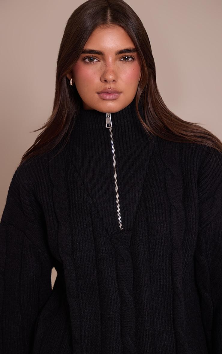 Black Zip Detail Cable Knit Oversized Sweater Product Image