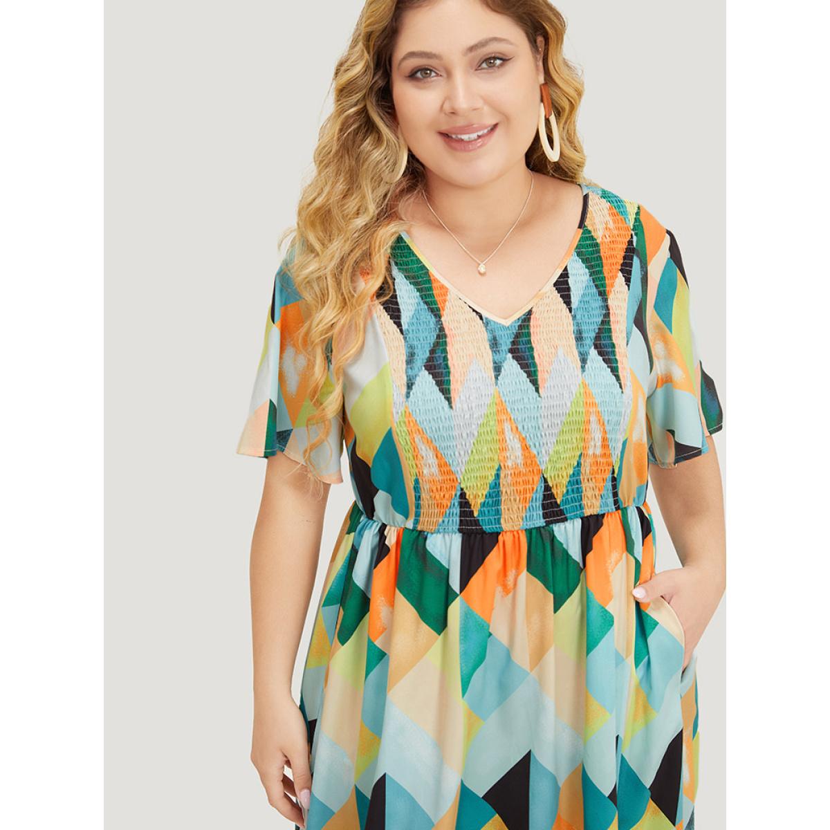 Plus Size Geometric Print Shirred Ruffle Hem Pocket Dress Multicolor Women Elegant Gathered V-neck Short sleeve Curvy Midi Dress BloomChic 14-16/1X Product Image