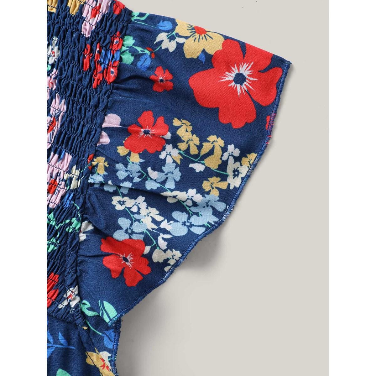 Plus Size DarkBlue Rayon Playful Floral Shirred Blouse Women Cap Sleeve Notched collar Vacation Blouses BloomChic 12/L Product Image