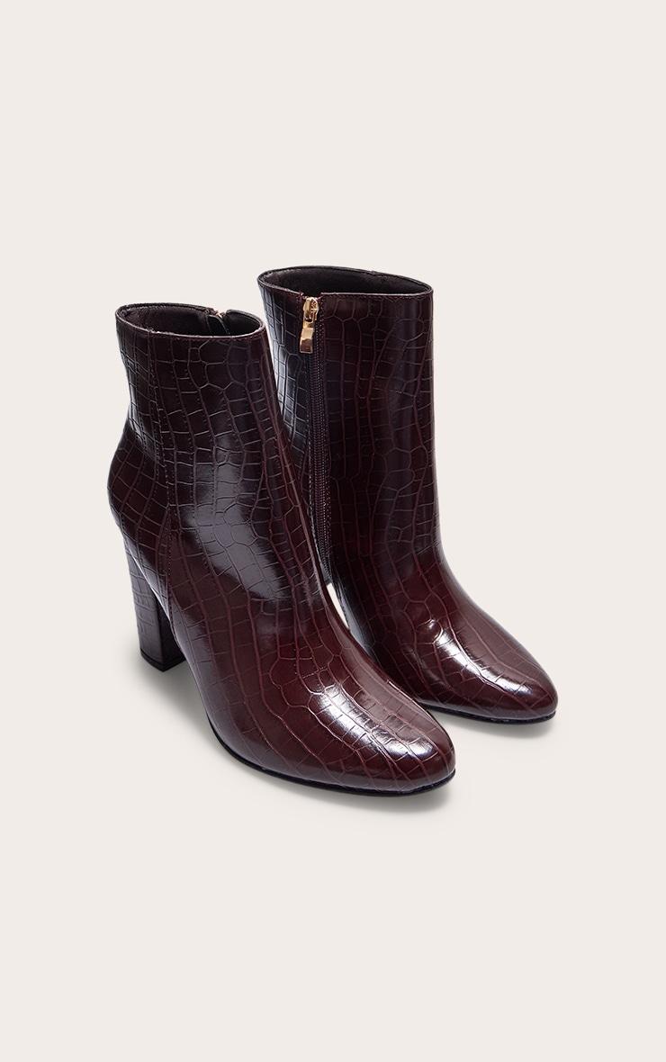 Burgundy Croc PU Block Heel Ankle Boots  Product Image