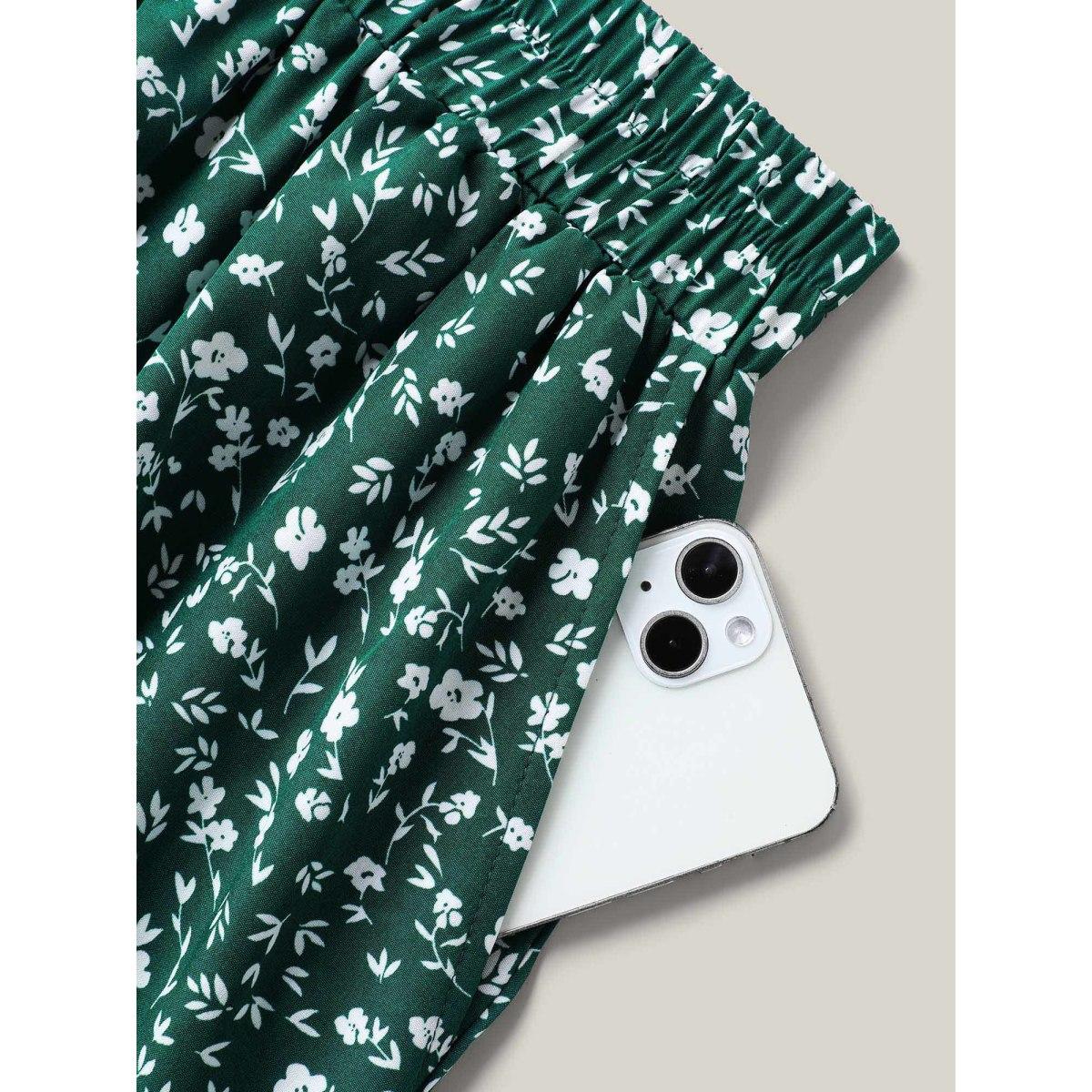 Plus Size Ditsy Floral Print Stretchy Flared Midi Skirt Women DarkGreen Timeless Low stretch Slanted pocket Elegant Skirts BloomChic 14-16/1X Product Image