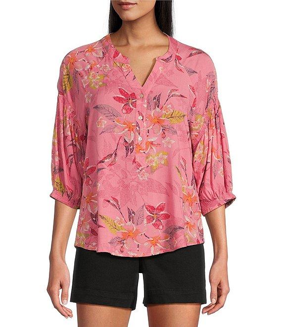 Westbound Floral Woven Elbow Smock Sleeve Henley Blouse Product Image