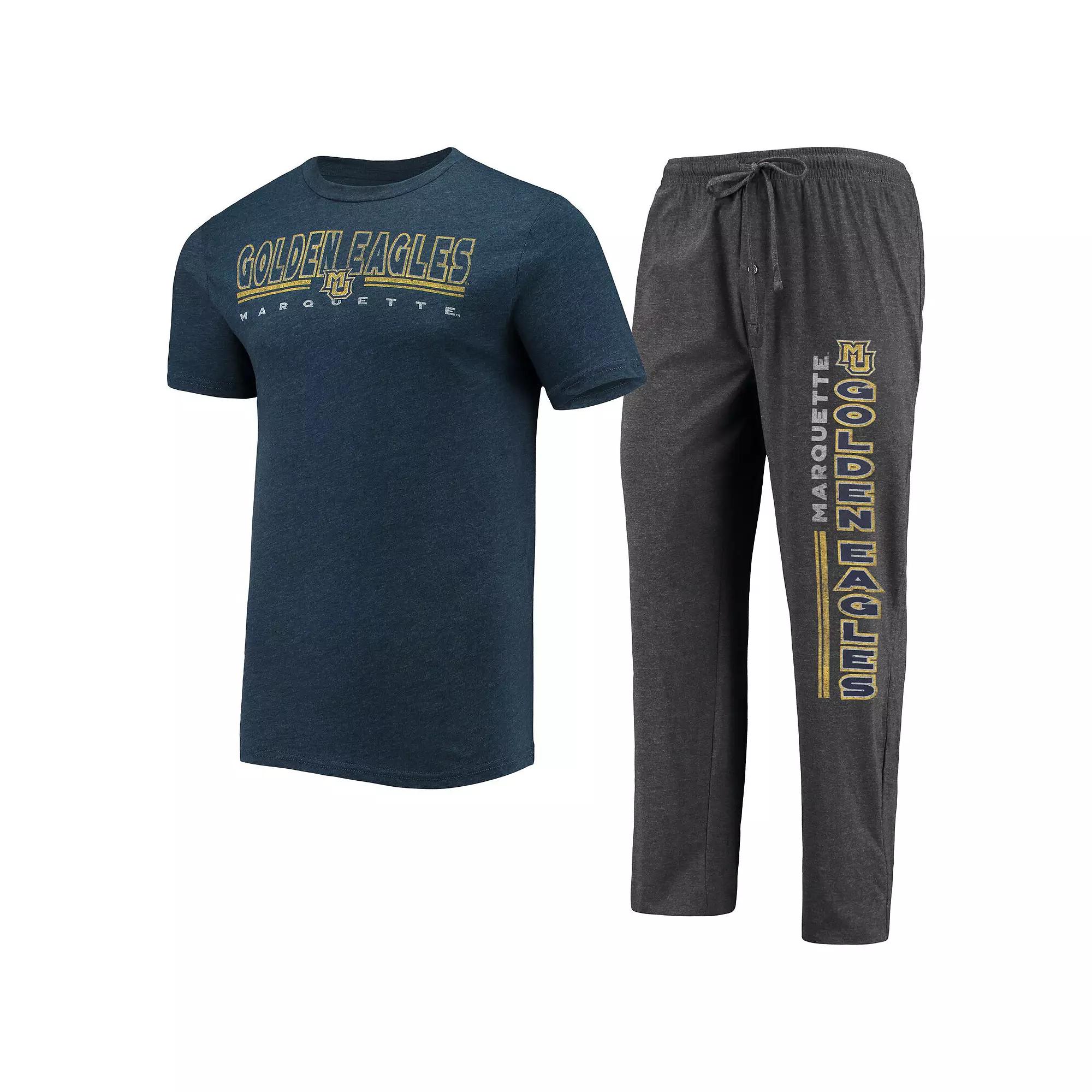 Men's Concepts Sport Heathered Charcoal/Navy Marquette Golden Eagles Meter T-Shirt & Pants Sleep Set,  Product Image