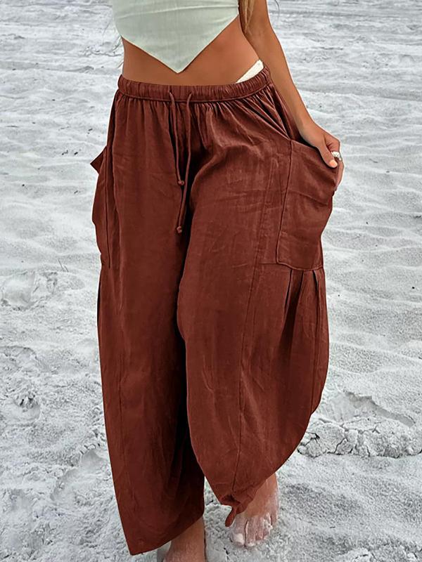 High Waisted Loose Drawstring Elasticity Pleated Pockets Solid Color Ninth Pants Trousers Product Image