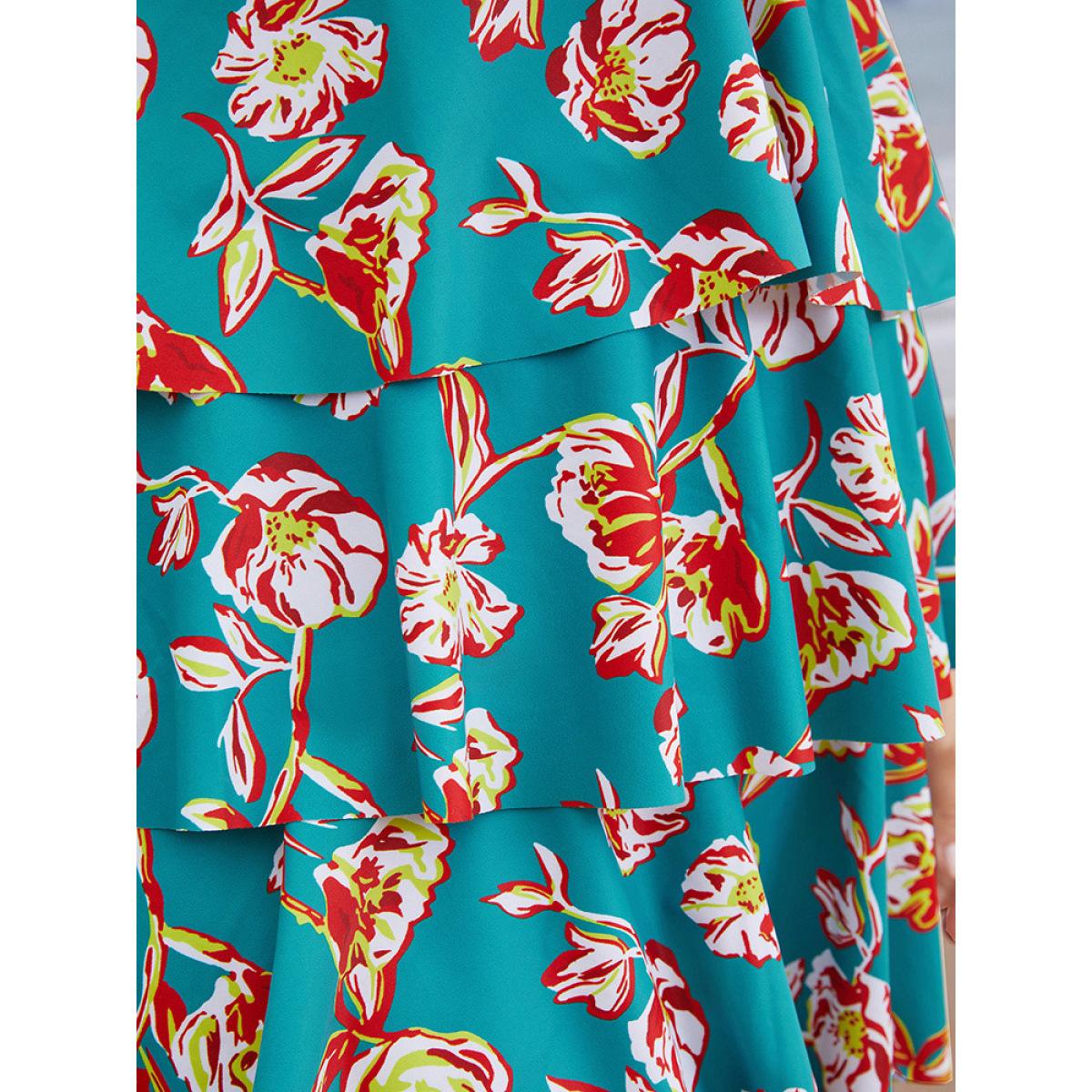 Plus Size Floral Adjustable Straps Knotted Ruched Ruffle Tiered Swim Dress Women's Swimwear Cerulean Vacation Bodycon V-neck High stretch Curve Swim Dresses BloomChic 26/4X Product Image