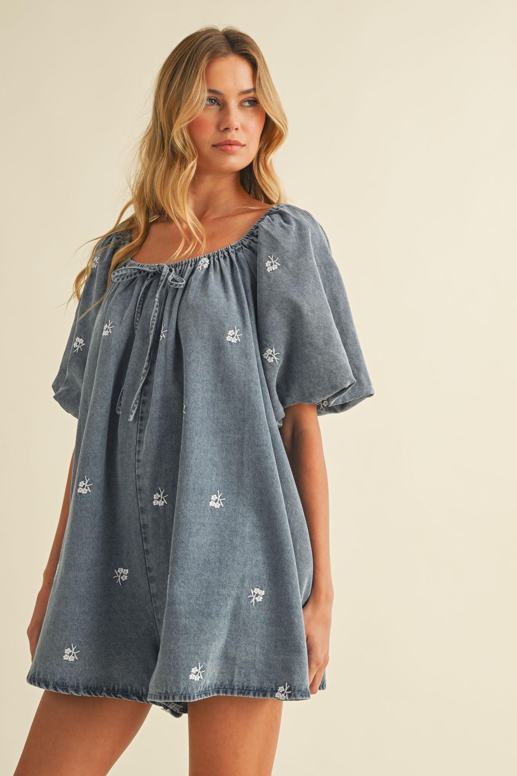 Embroidered Denim Puff Sleeve Romper Product Image
