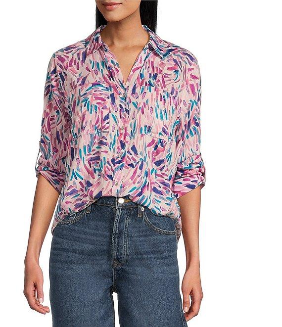 Westbound Petite Size Dancing Daubs 3/4 Roll-Tab Sleeve Point Collar Y-Neck Button Front Shirt Product Image