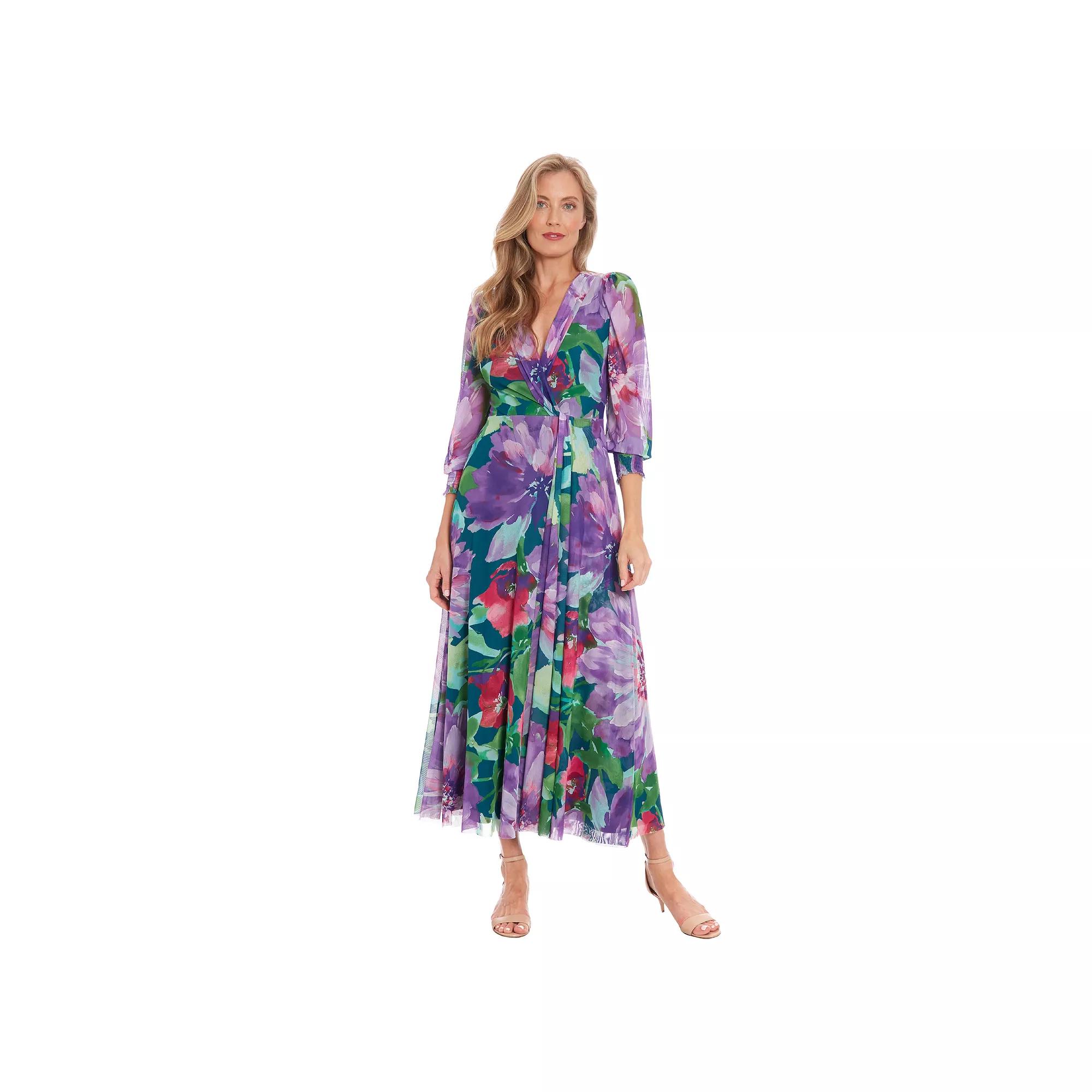 Women's London Times Floral Bishop Sleeve Mesh Surplice Maxi Dress, Size: Large, Purple Floral Product Image