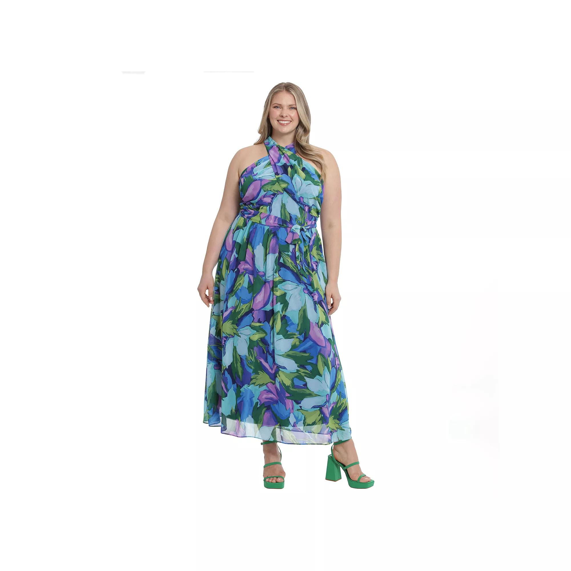 Plus Size London Times Floral Wrap Halter Maxi Dress, Women's, Size: 18 W, Blue Royal Product Image