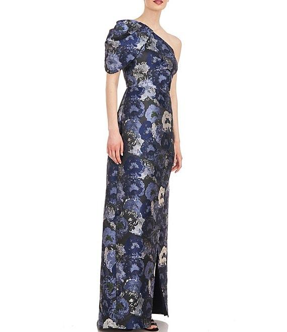 Kay Unger Floral Jacquard One Shoulder Drape Puff Sleeve Gown Product Image