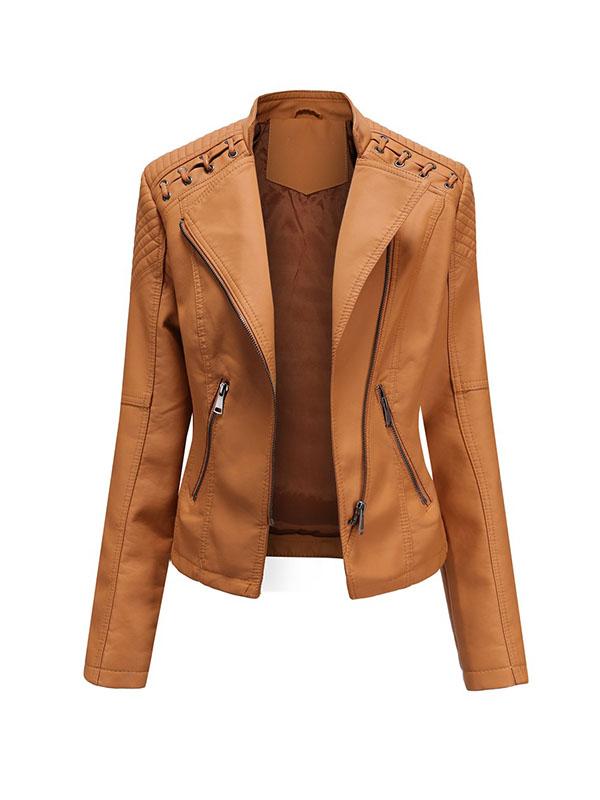 Long Sleeves Split-Joint Zipper Mock Neck PU Jackets Outerwear Product Image