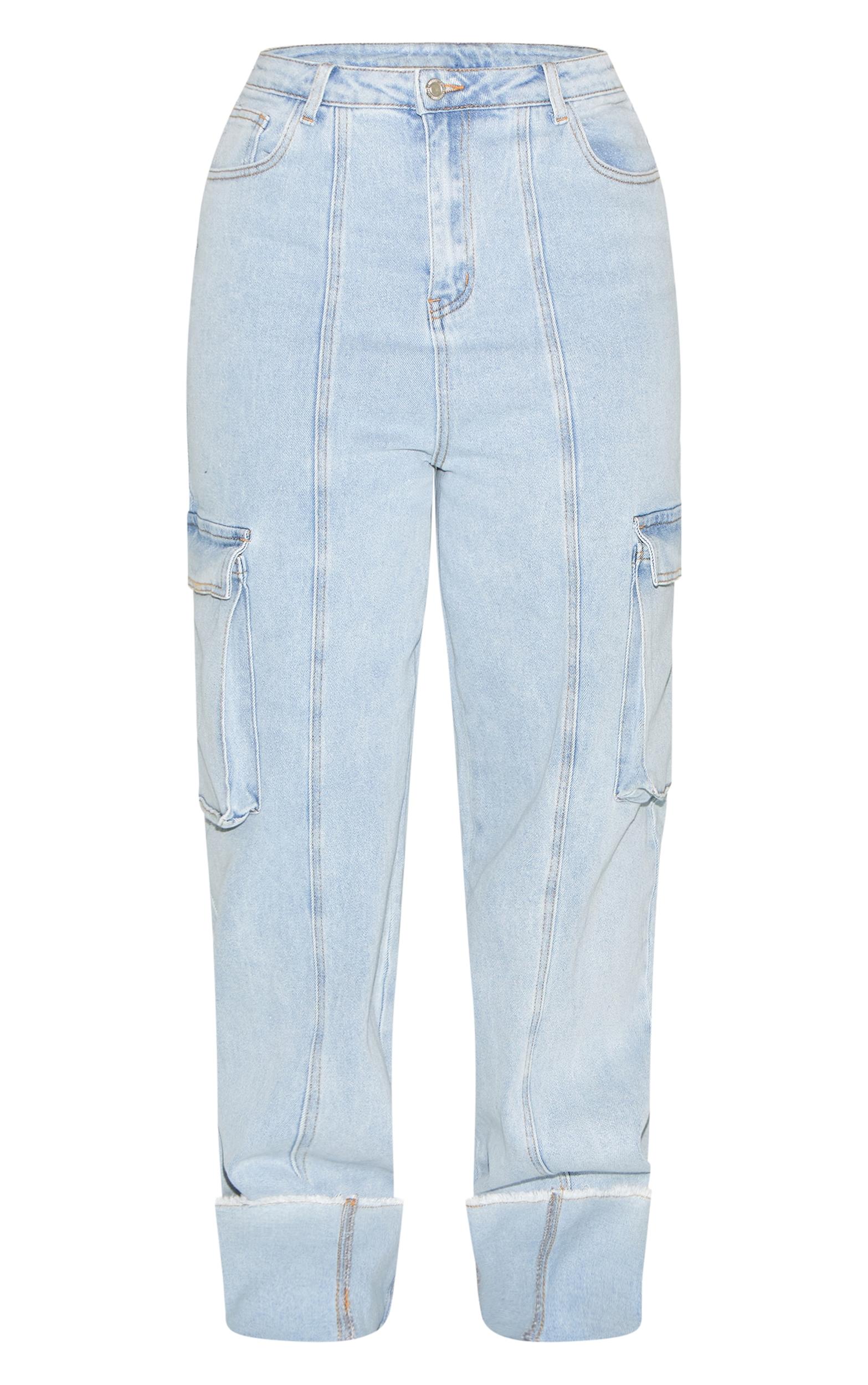 Shape Light Blue Stretch Denim Highwaisted Turn Up Hem Cargo Jeans Product Image