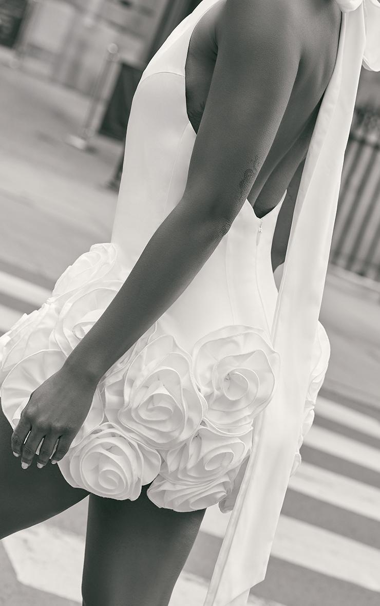 Premium White Woven Floral Ruffle Detail High Neck Cowl Bodycon Dress Product Image