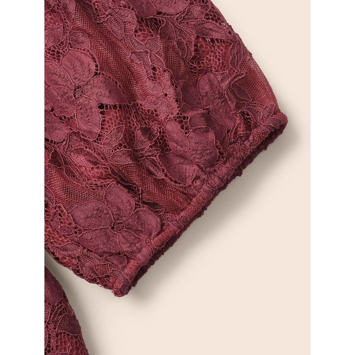 Plus Size Burgundy Square Neck Lace Panel Lantern Sleeve Blouse Women Timeless Elbow-length sleeve Square Neck Elegant Blouses BloomChic 22-24/3X Product Image