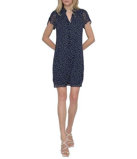 DKNY by Donna Karan Woven Dotted Print Mock Neck Short Sleeve Shift Mini Dress Product Image