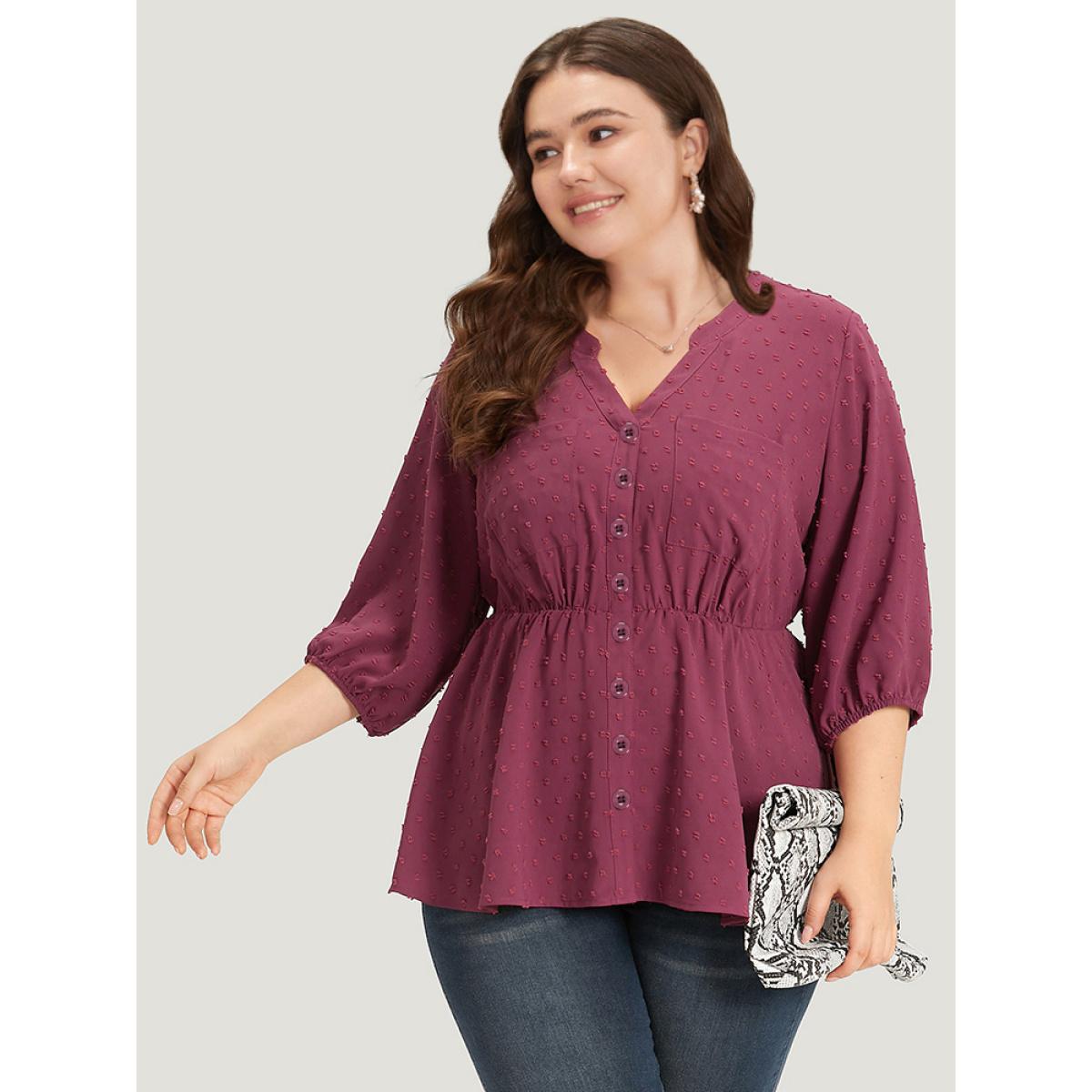 Plus Size Purple Plain Notched Button Through Lantern Sleeve Blouse Women Office Elbow-length sleeve Notched collar Office Blouses BloomChic 28/5X Product Image