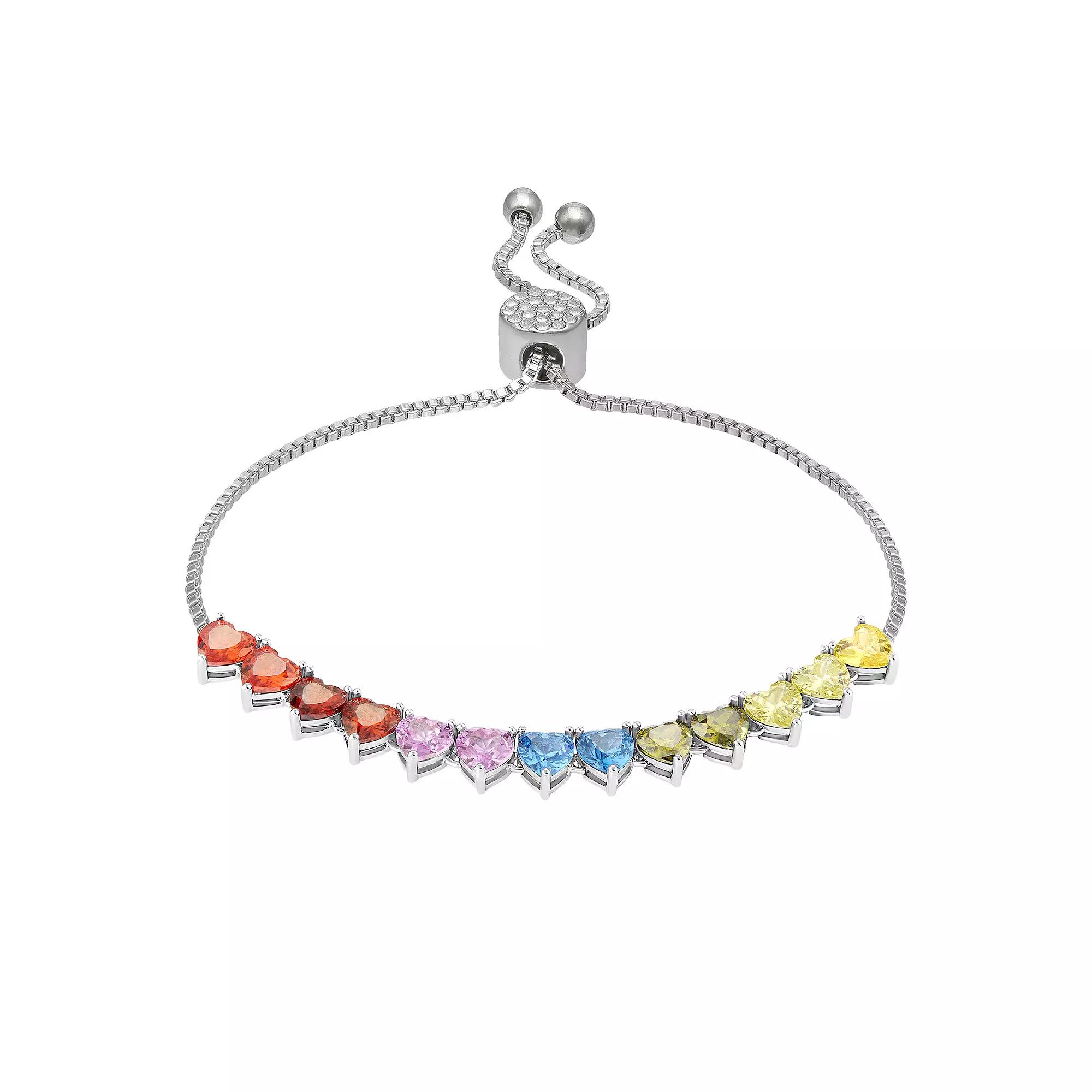 Brilliance Fine Silver Plated Multi-Color Cubic Zirconia Hearts Adjustable Bracelet, Women's, Size: 4-10" ADJ, Silver Tone Product Image