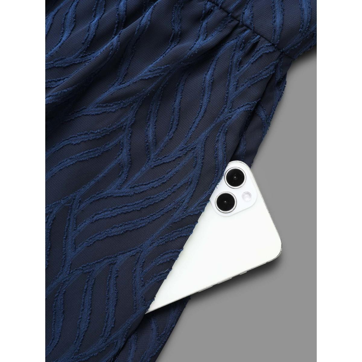 Plus Size Textured Chiffon Lantern Sleeve Midi Dress DarkBlue Women At the Office Texture Round Neck Long Sleeve Curvy BloomChic 30/6X Product Image