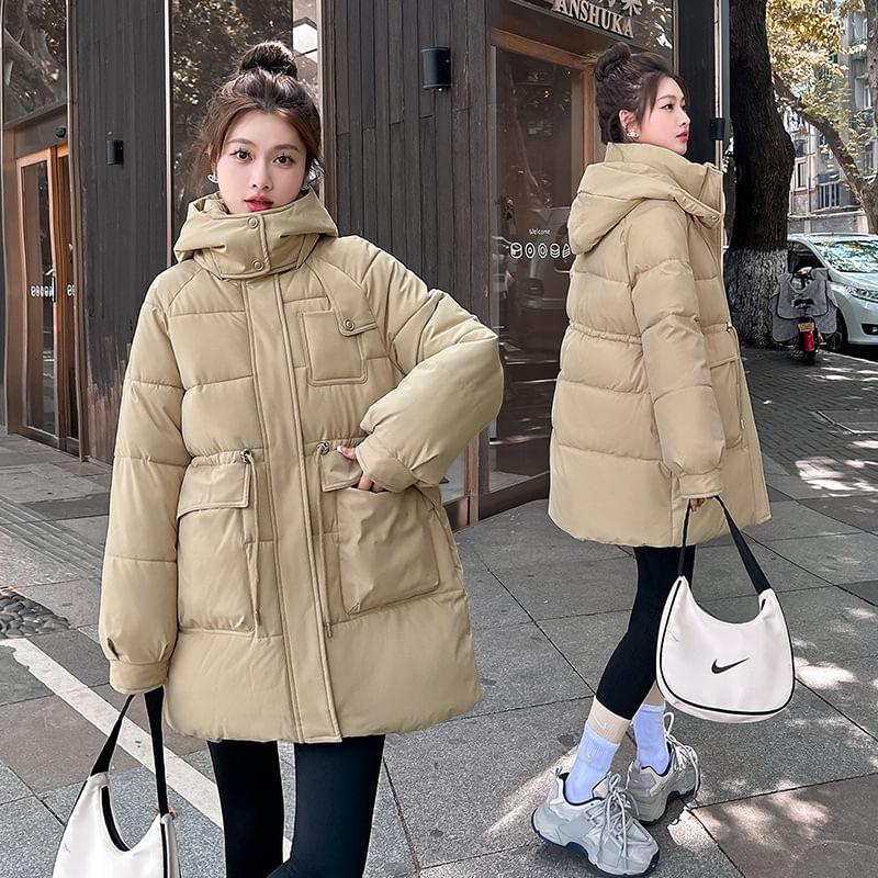 Stand Collar Plain Hood Zip Puffer Jacket Product Image
