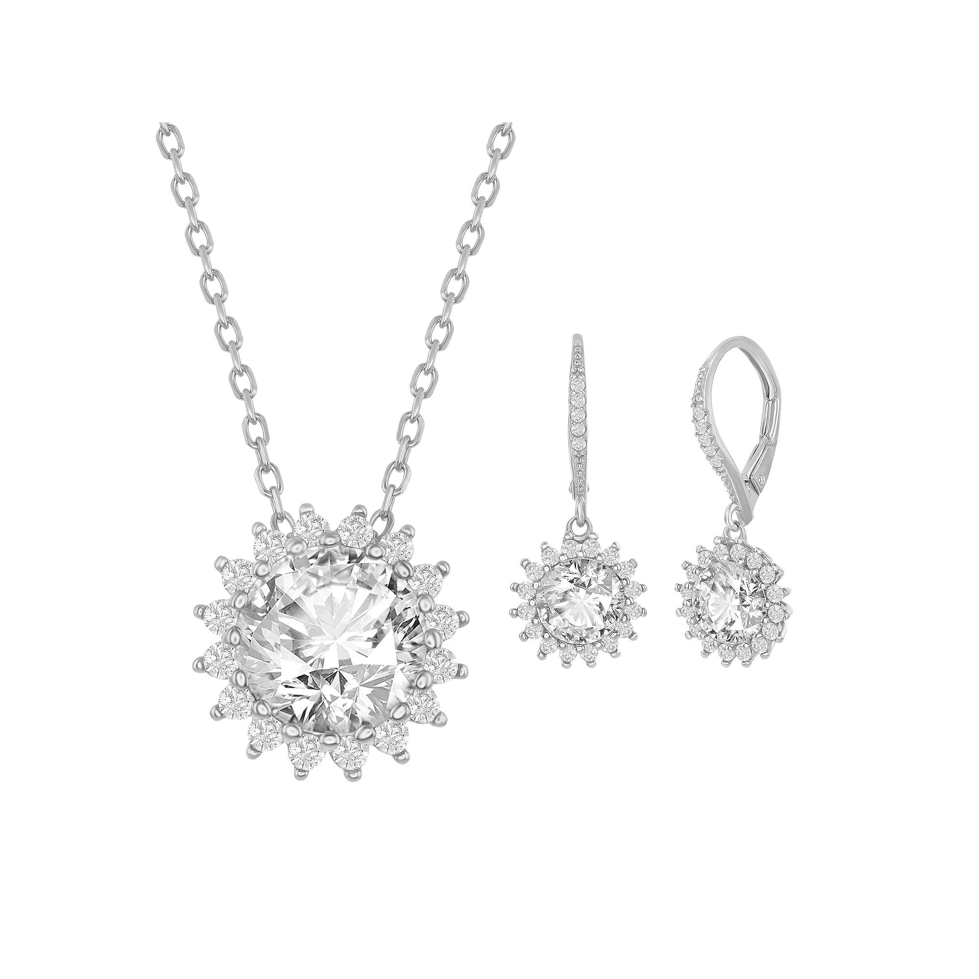 Sterling Silver Cubic Zirconia Sunburst Necklace & Earring Set, Womens Product Image