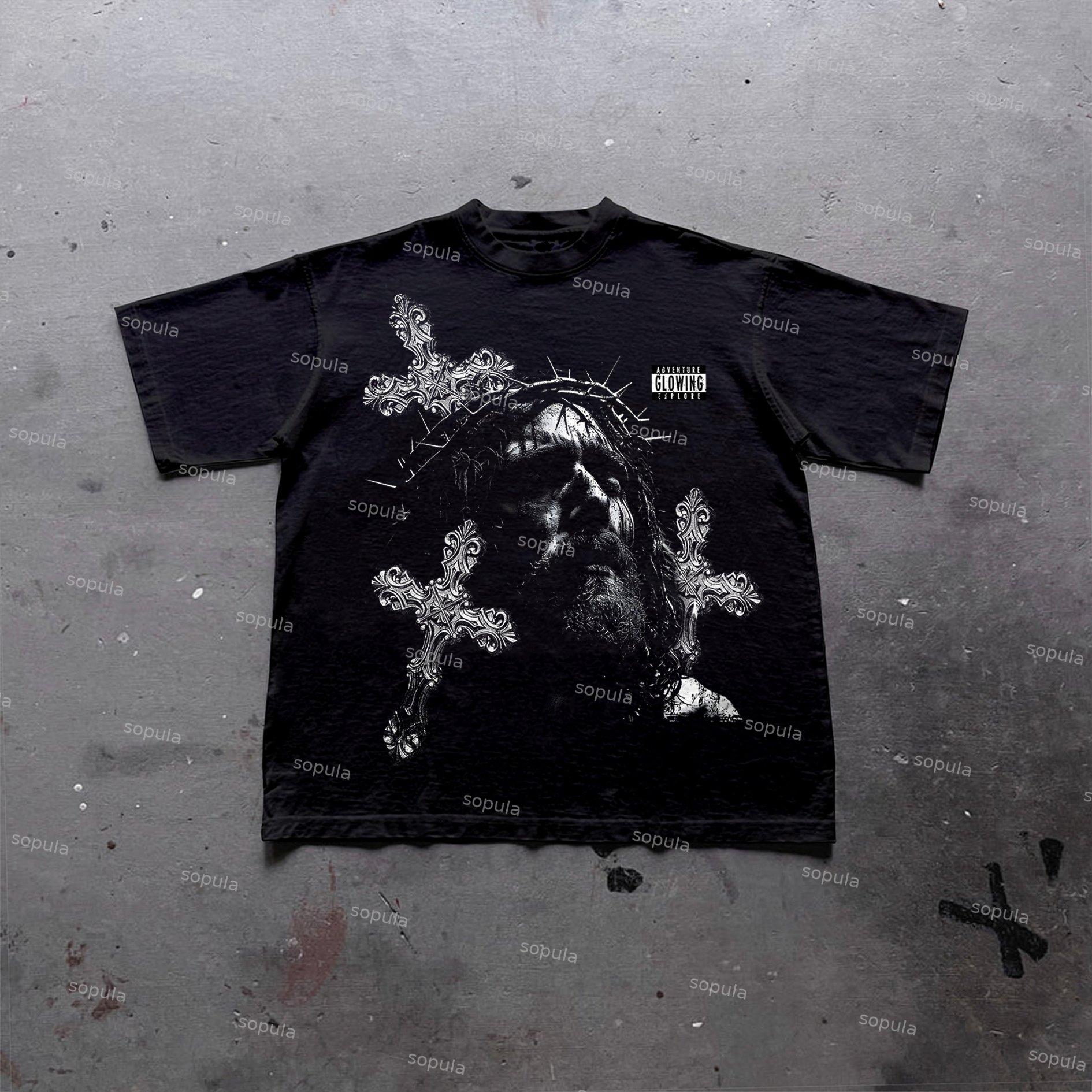 Retro Jesus Cross Graphic Print Cotton T-Shirt Product Image