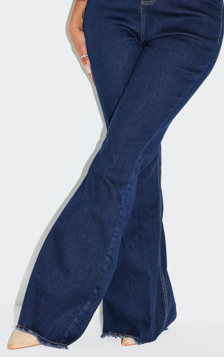 Shape Indigo Washed Distressed Hem Stretch Flared Denim Jeans Product Image