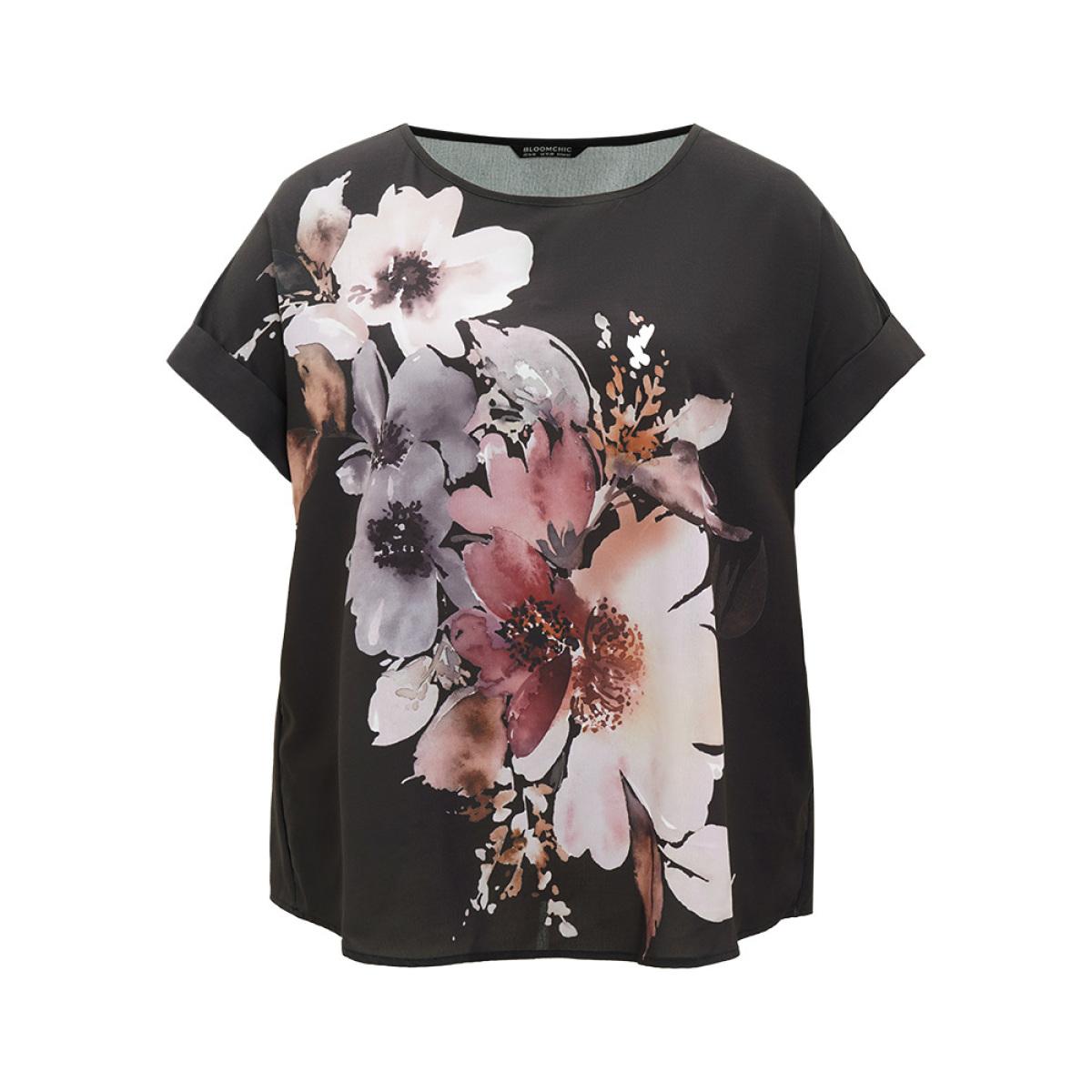 Plus Size Black Floral Print Crew Neck Roll Dolman Sleeve Blouse Women Elegant Short sleeve Round Neck Dailywear Blouses BloomChic 22-24/3X Product Image
