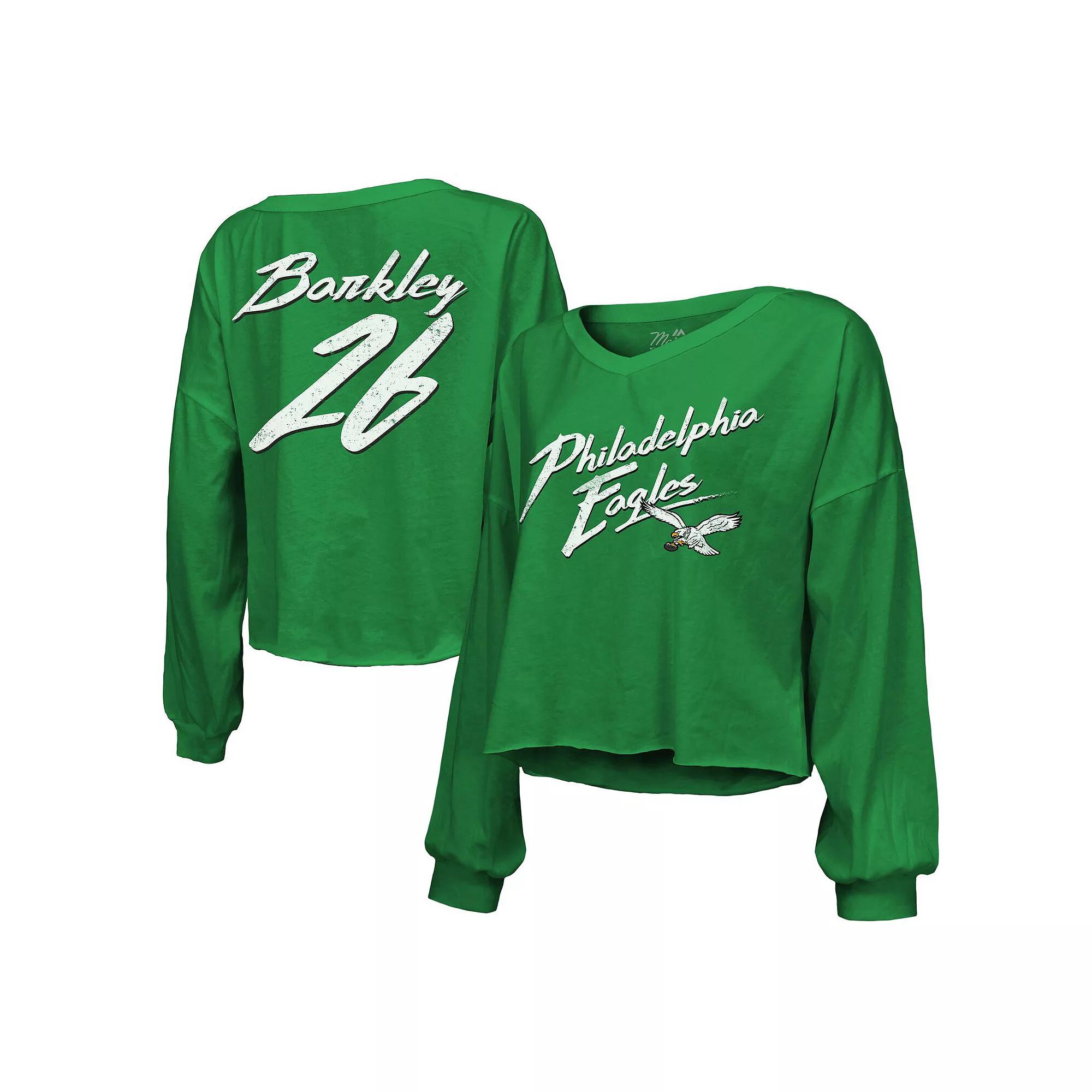 Women's Majestic Threads Saquon Barkley Kelly Green Philadelphia Eagles Name & Number Off-Shoulder Script Cropped Long Sleeve V-Neck T-Shirt, Size: Large Product Image
