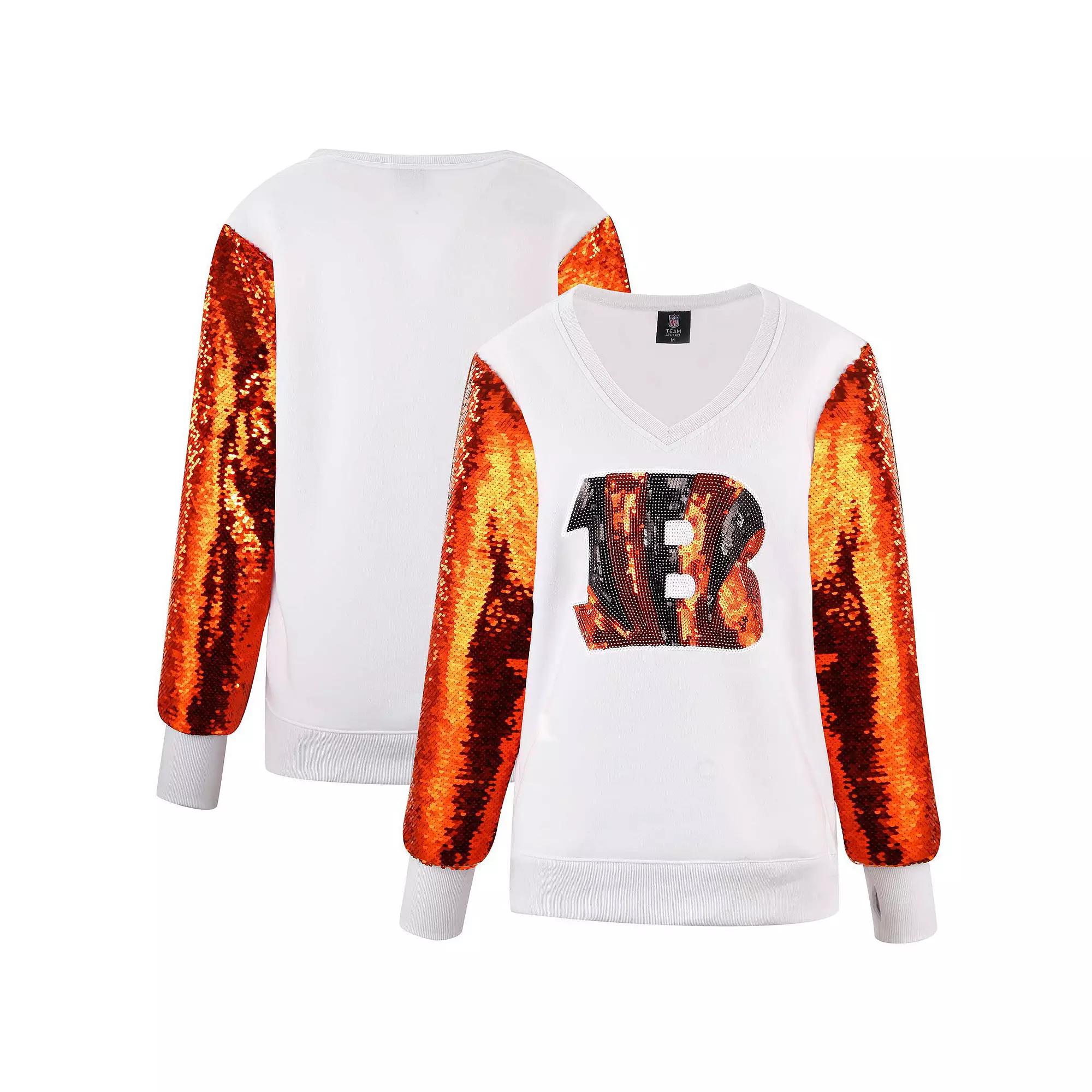 Women's Cuce White Cincinnati Bengals Sequin Sleeve V-Neck Pullover Sweatshirt, Size: 2XL Product Image