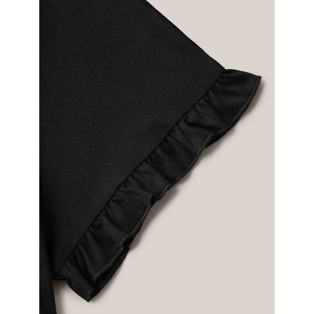 Plus Size Printed Spliced Raglan Sleeve Ruffled T-Shirt Black Women Leisure Contrast Round Neck Casual T-shirts BloomChic 26/4X Product Image