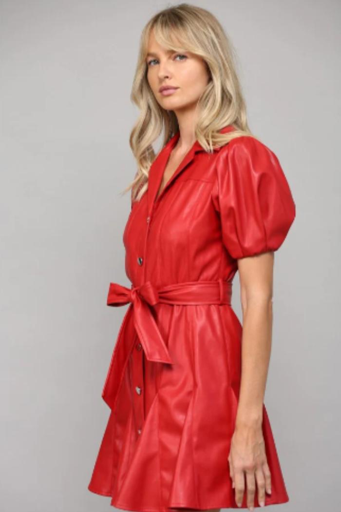 Vegan Leather Red Puff Sleeve Dress Product Image