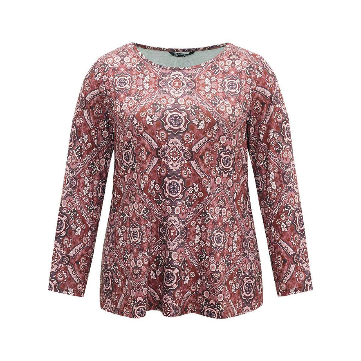 Plus Size Bandana Print Round Neck T-shirt Multicolor Women Casual Printed Bohemian Print Round Neck Dailywear T-shirts BloomChic 18-20/2X Product Image