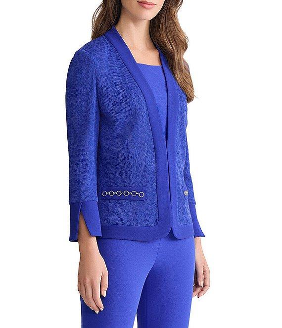 Ming Wang Tonal Knit V-Neck Long Sleeve Chain Faux Pocket Jacket Product Image