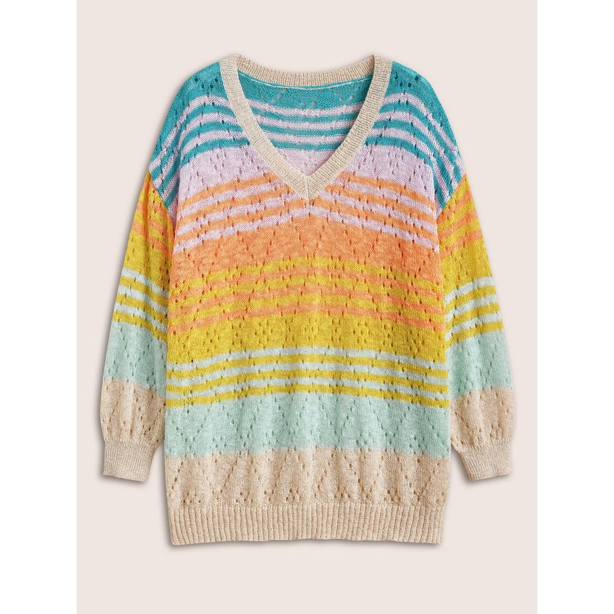 Plus Size Color Striped Hollow Out Pullover Multicolor Women Playful Long Sleeve V-neck Casual Pullovers BloomChic 10/M Product Image