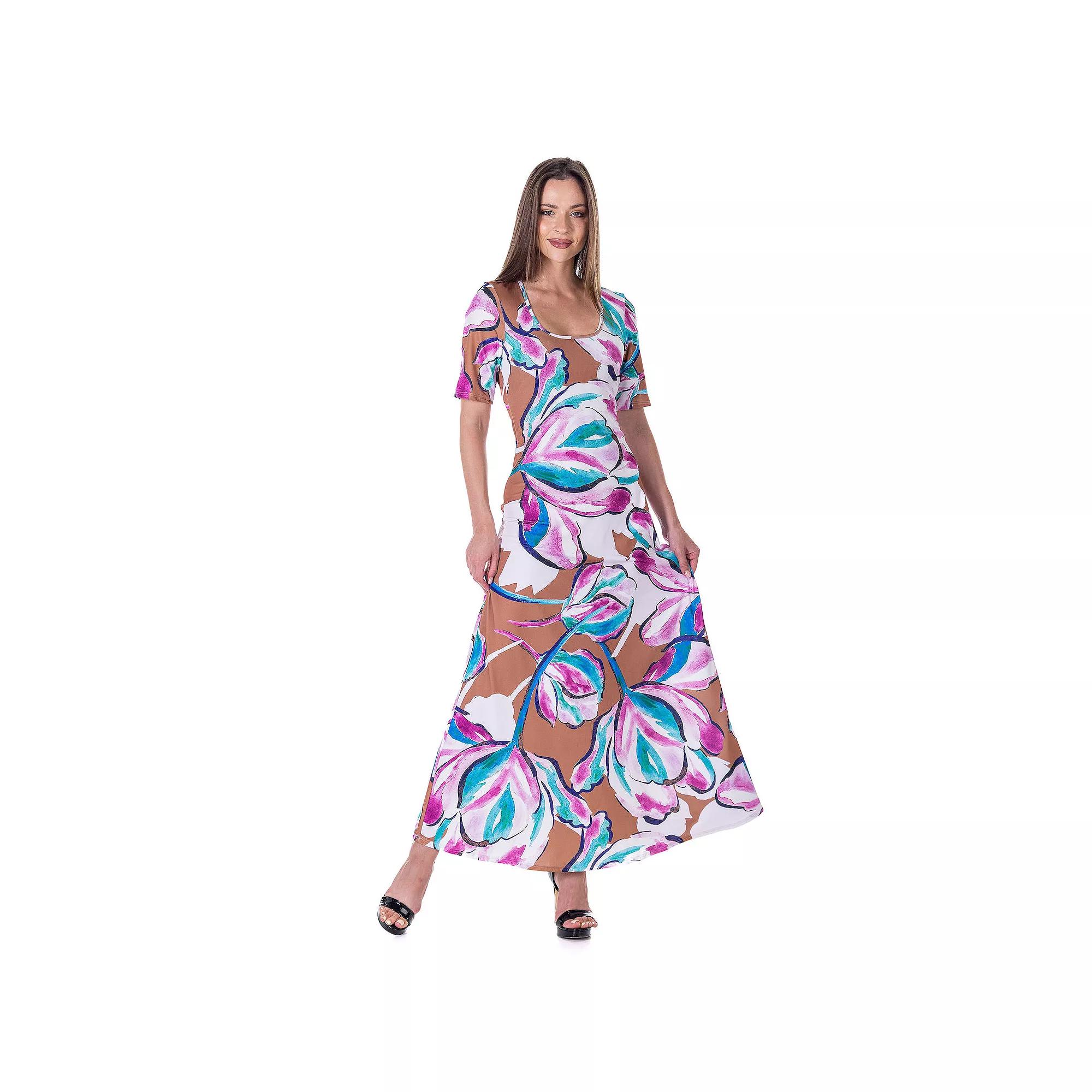 Women's 24Seven Comfort Apparel Elbow Sleeve Casual A Line Maxi Dress,  Product Image