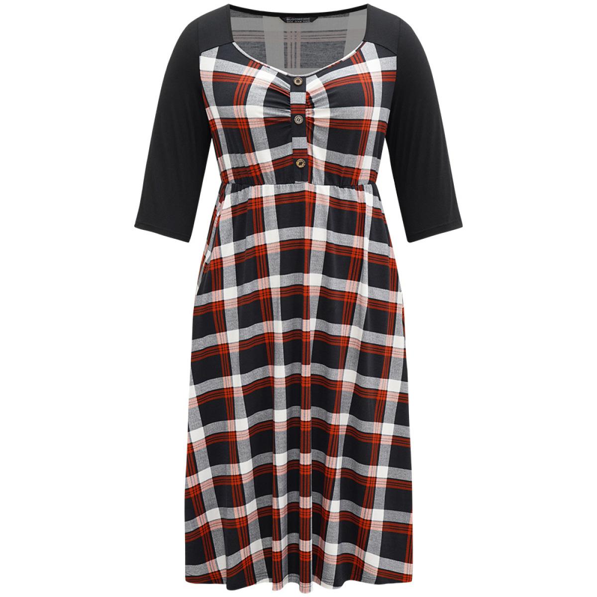 Plus Size Christmas Plaid Patchwork Pleated Square Neck Dress Red Women Office Printed Square Neck Elbow-length sleeve Curvy Midi Dress BloomChic 14-16/1X Product Image