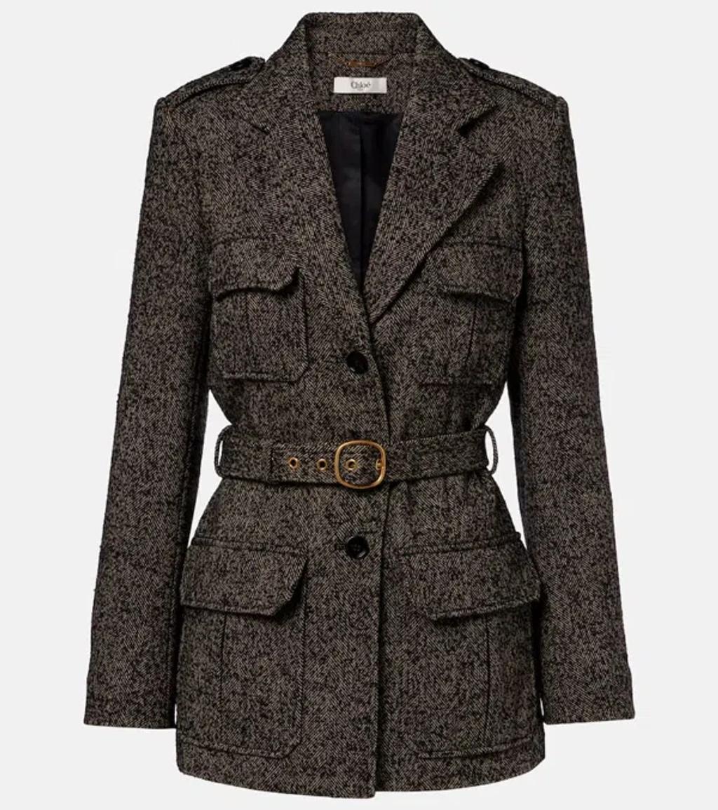 CHLOÉ Belted Herringbone Wool-blend Jacket In Brown Product Image