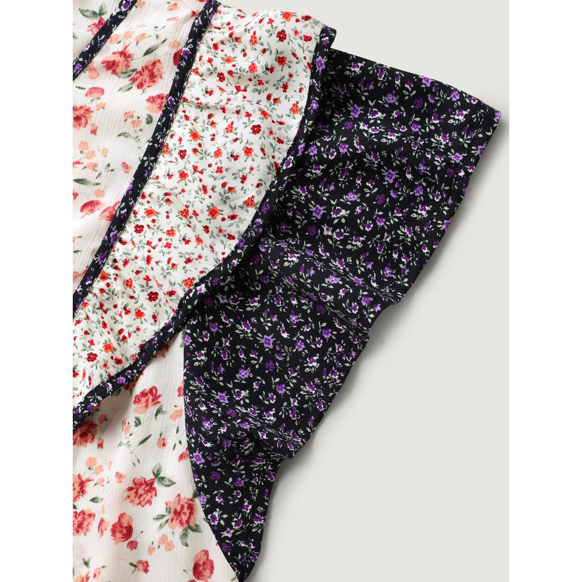 Plus Size Multicolor Floral Panel Ruffled Sleeve Blouse Women Romantic Cap Sleeve V-neck Elegant Blouses BloomChic 10/M Product Image