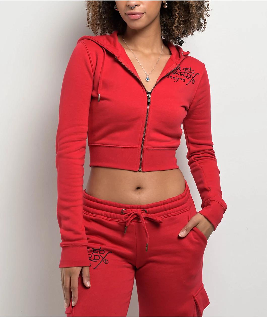 Ed Hardy Panther Dagger Red Crop Zip Hoodie Product Image
