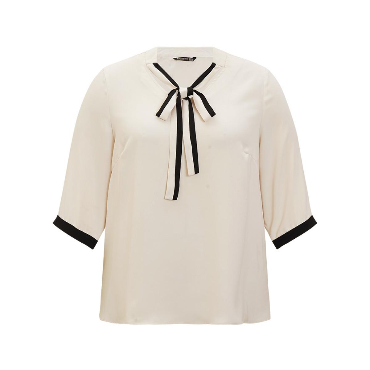 Plus Size Ivory Contrast Trim Knot Neck Blouse Women Office Elbow-length sleeve Tie Neck Work Blouses BloomChic 22-24/3X Product Image