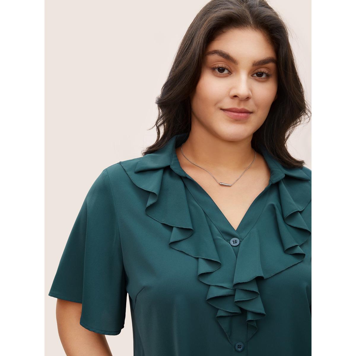 Plus Size Cyan Solid Button Detail Ruffle Trim Blouse Women At the Office Short sleeve Shirt collar Office Blouses BloomChic 14-16/1X Product Image