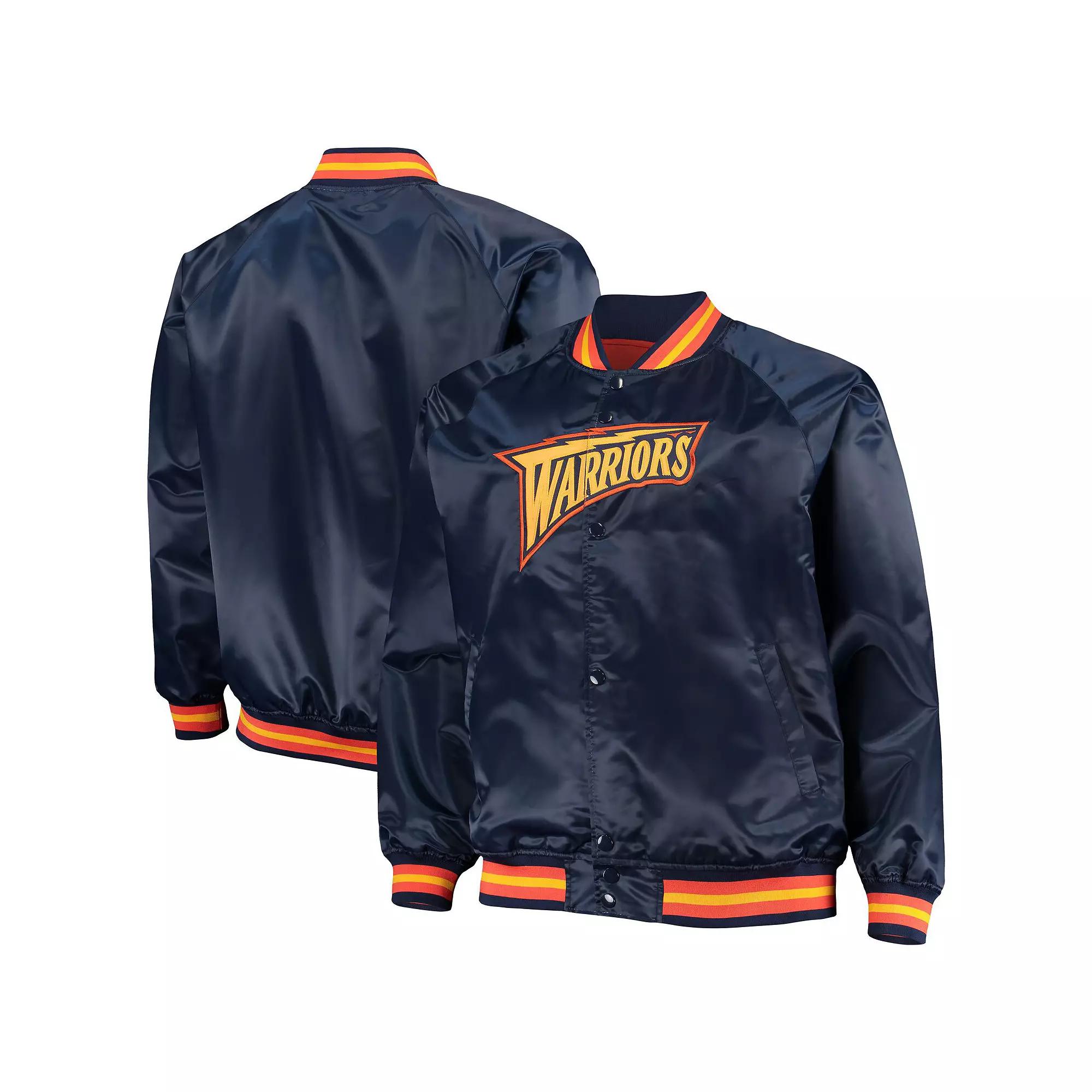 Men's Mitchell & Ness Navy Golden State Warriors Big & Tall Hardwood Classics Raglan Satin Full-Snap Jacket,  Product Image