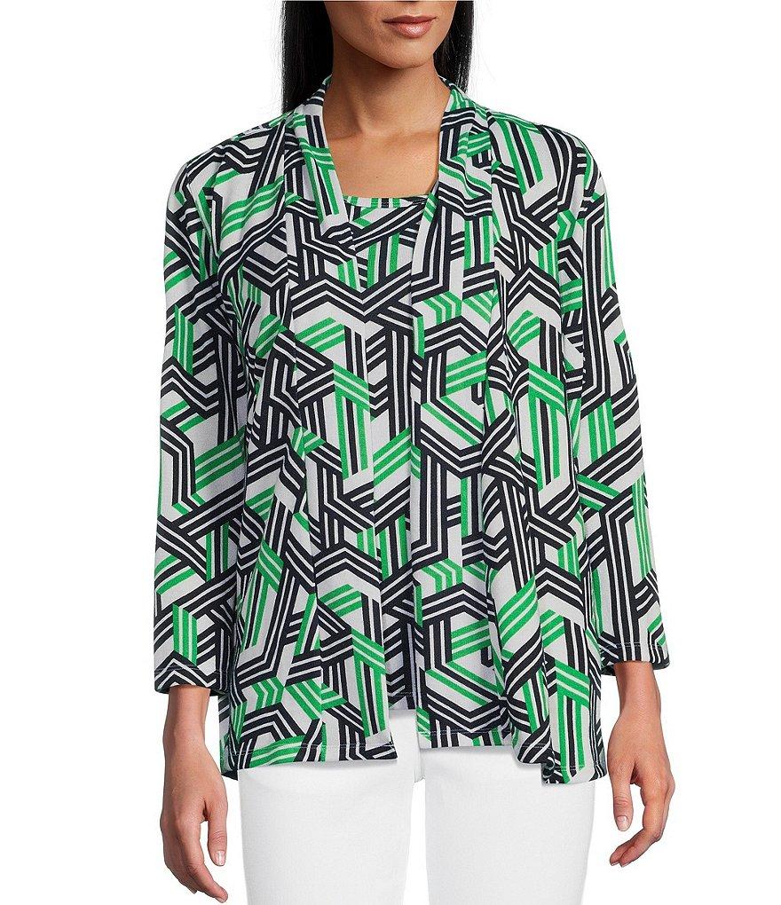 Multiples Knit Stripe Multi Long Sleeve Open-Front Matching Tank Top Set Product Image