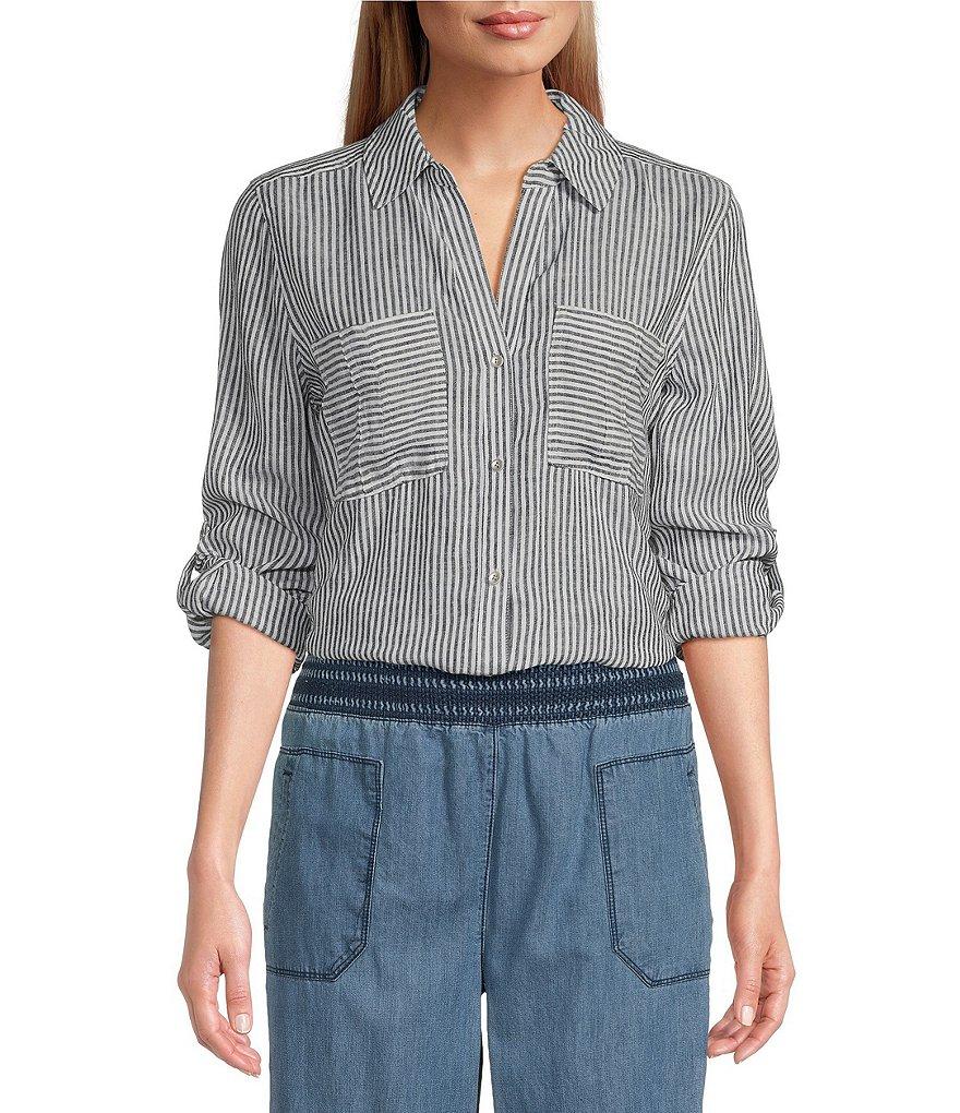 Westbound 3/4 Roll-Tab Sleeve Point Collar Y-Neck Button Front Top Product Image